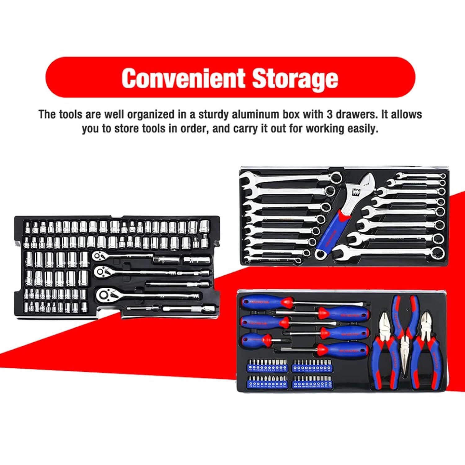 GCP Products 408-Piece Mechanics Tool Set, General Household Home Repair Tool Kit With 3-Drawer Heavy Duty Metal Box, Hand Tool Kit Set