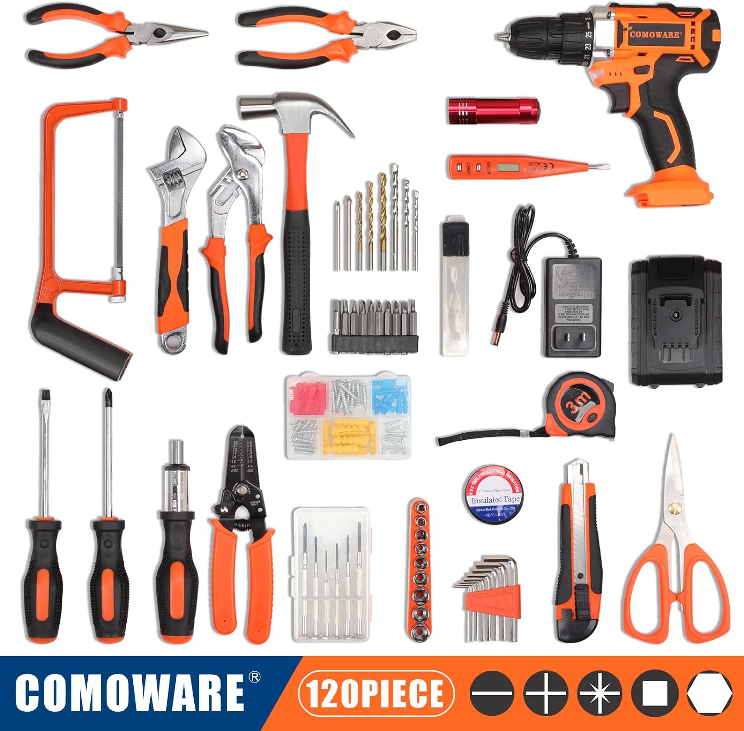 COMOWARE 120 Pcs Home Tool Kit with Drill, 20V Power Drill Cordless Set with 2.0 Ah Li-ion Battery