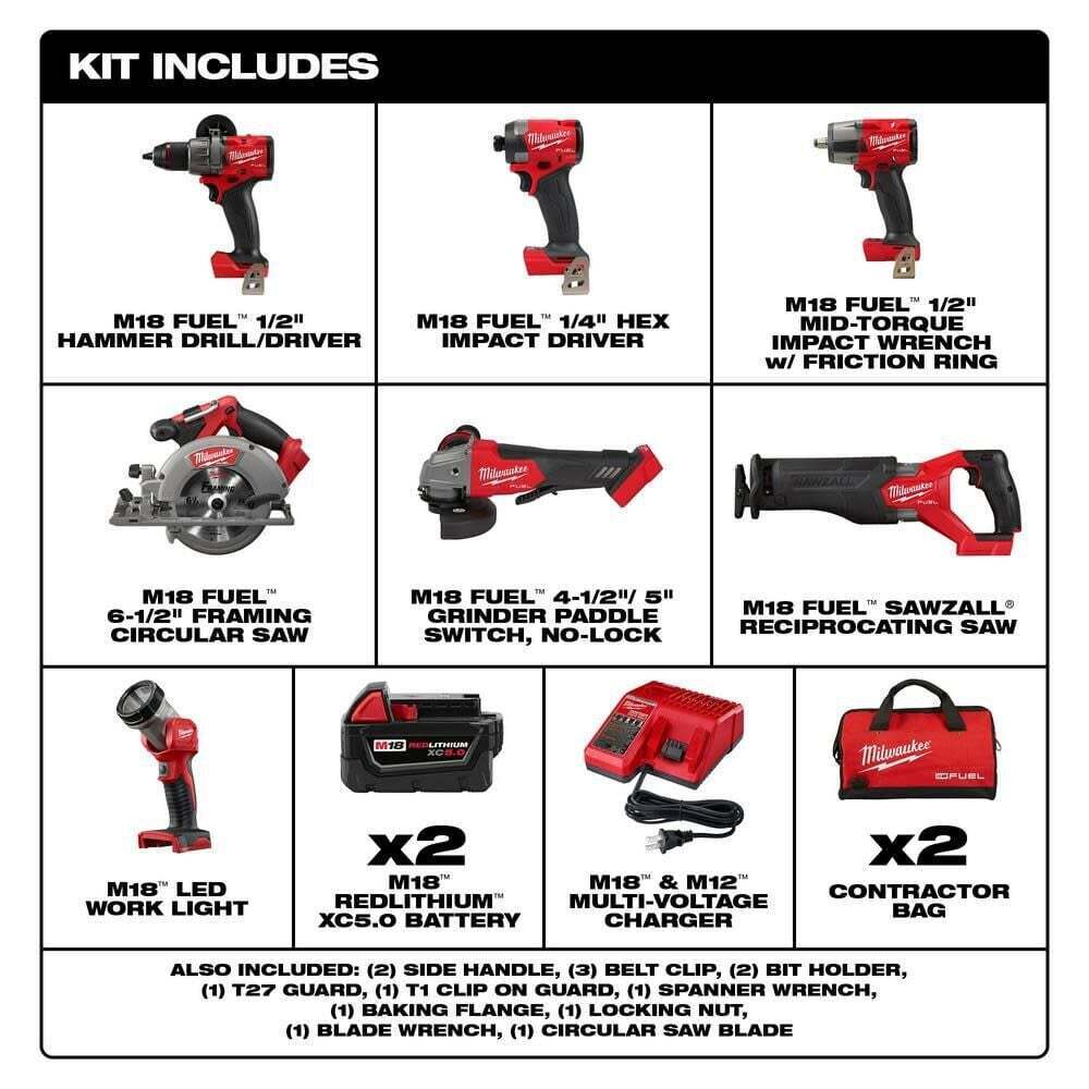 Milwaukee 3697-27 M18 FUEL 18V 7 Tool Cordless Lithium-Ion Combo Kit