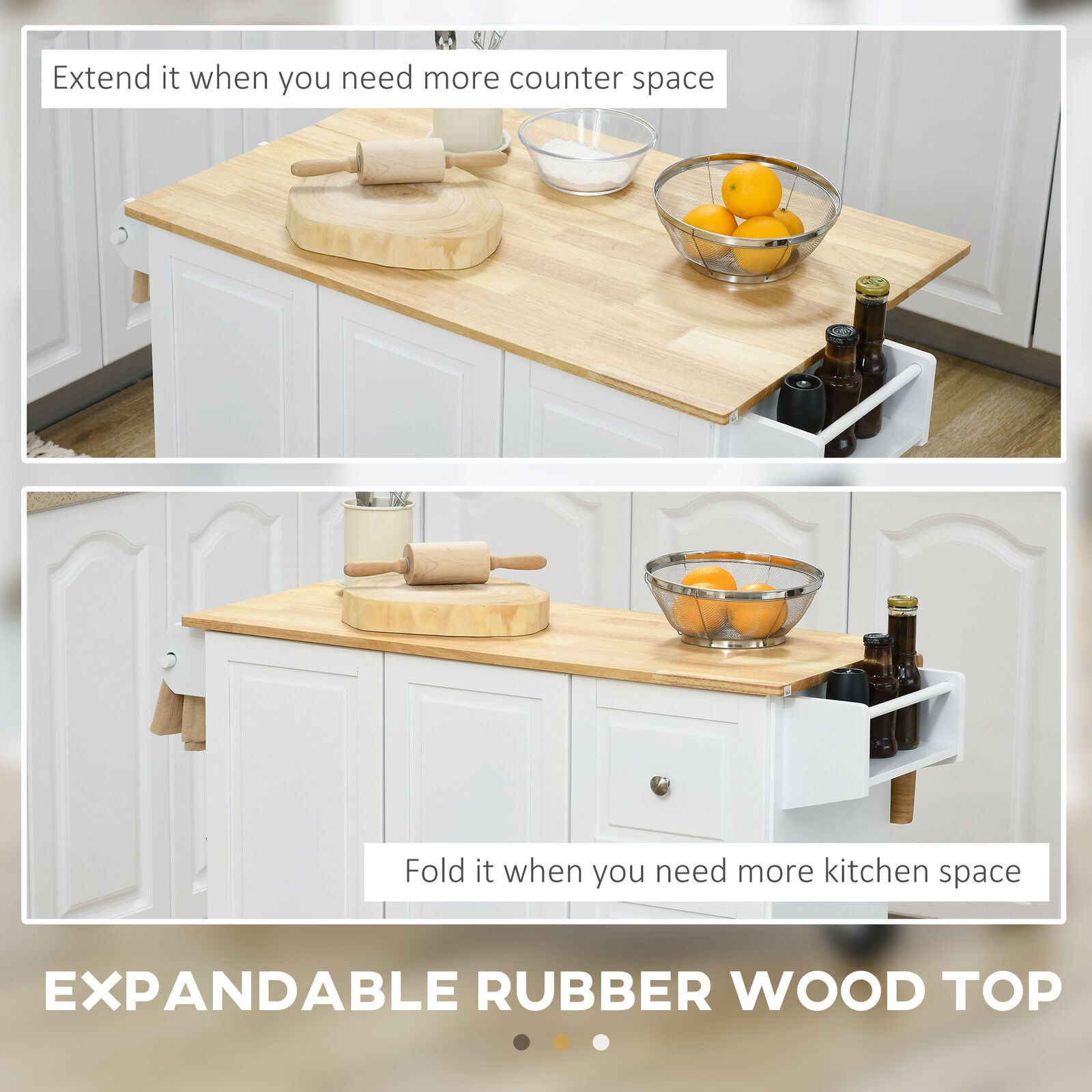 GCP Products Kitchen Island On Wheels, Kitchen Cart With Drop Leaf, 3 Drawers