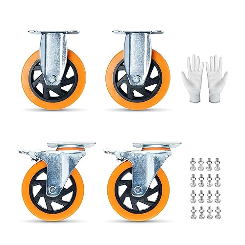 Ataqus N/A 5 Inches Heavy Duty Polyurethane Caster Wheels Anti-Skid Swivel Casters Wheels with 360 Degree for Set of 4 Orange (2PCS Loc