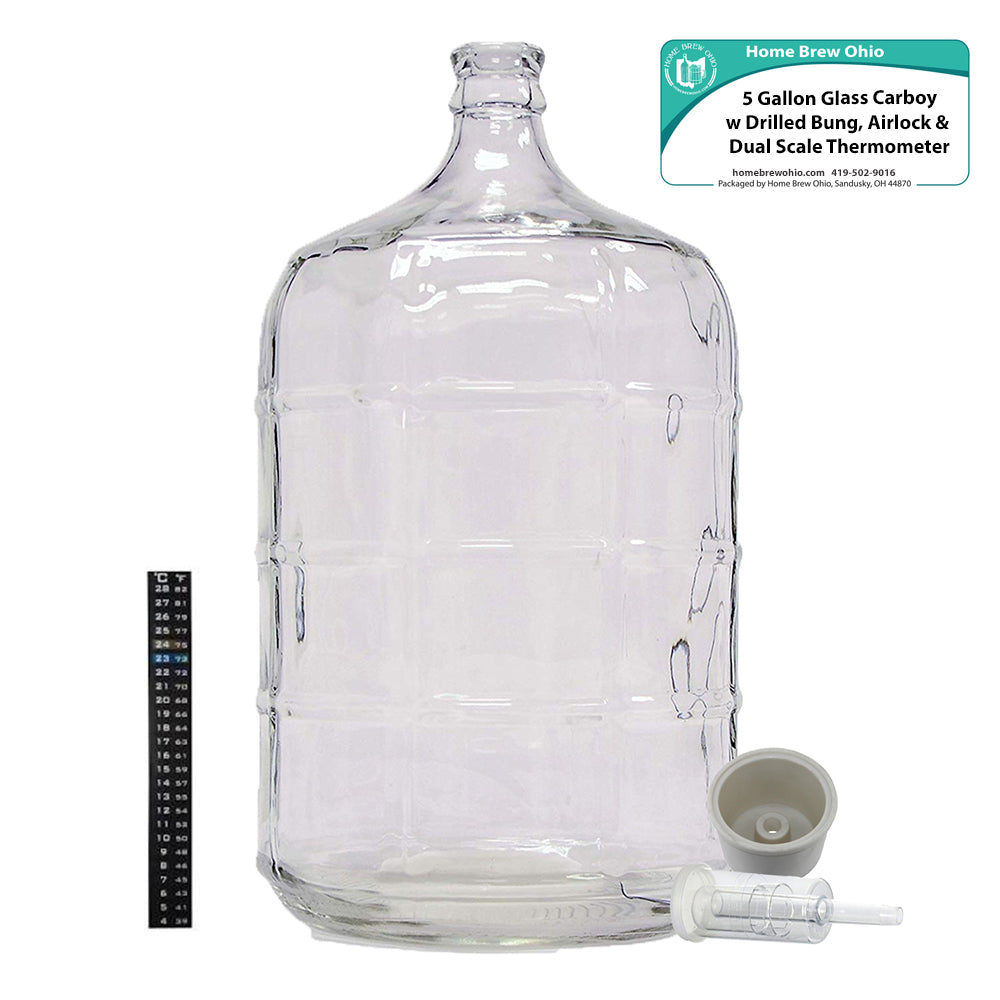HOME BREW OHIO HOMEBREWOHIO.COM Home Brew Ohio 5 Gallon Glass Carboy with Drilled Bung, Three-Piece Airlock and Dual Scale Thermometer
