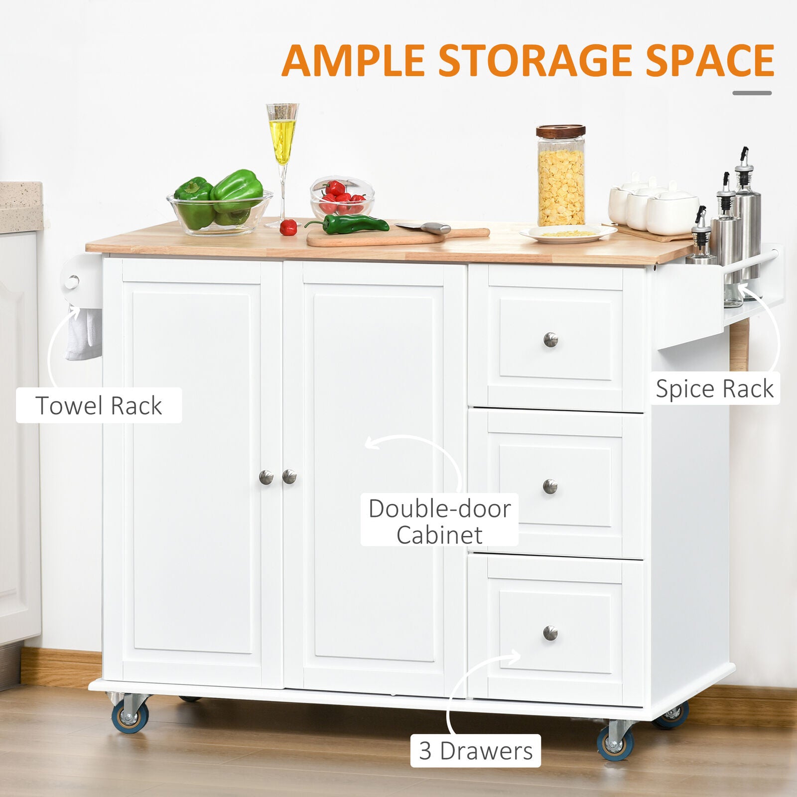 GCP Products Modern Kitchen Rolling Trolley Table With Drop Leaf And Lockable Wheels, White