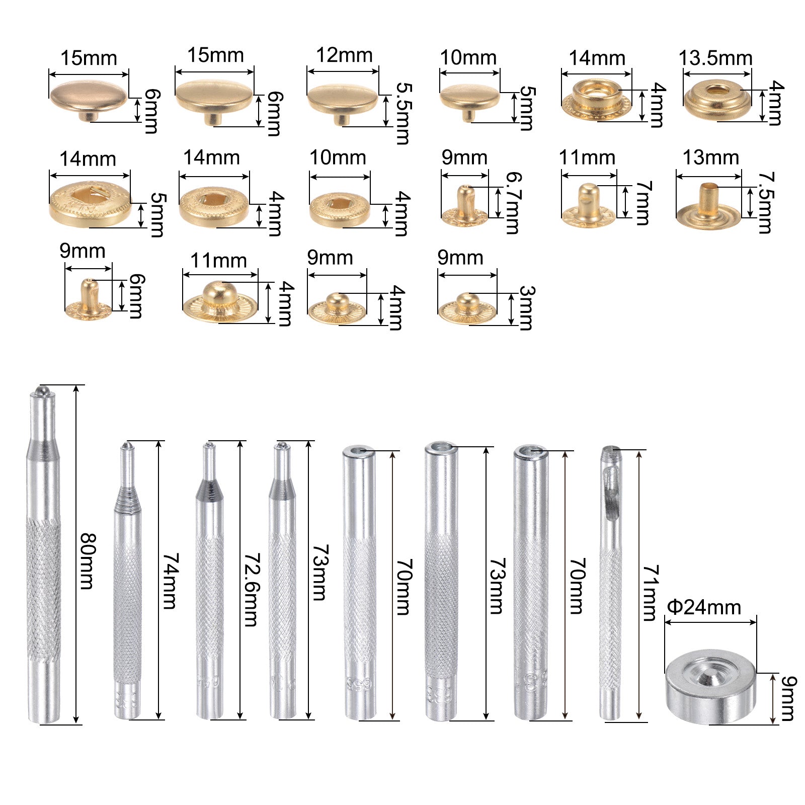 Unique Bargains 40 Sets Snap Fasteners Kit 4 Type Copper with 9 Setter Tools &a; Box, Golden