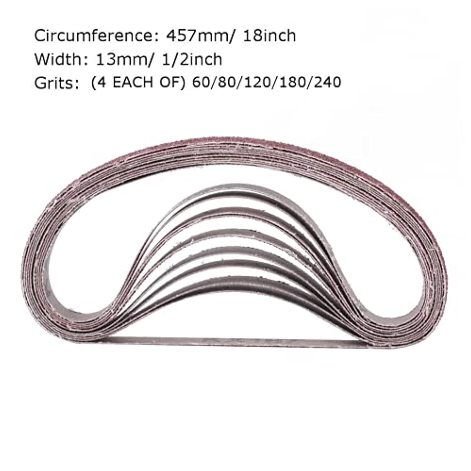 Zivisk 1/2 inch x 18 inch sanding belts, 4 each of 60/80/120/180/240 grits, belt sander tool for woodworking, metal polishing, 20 pa