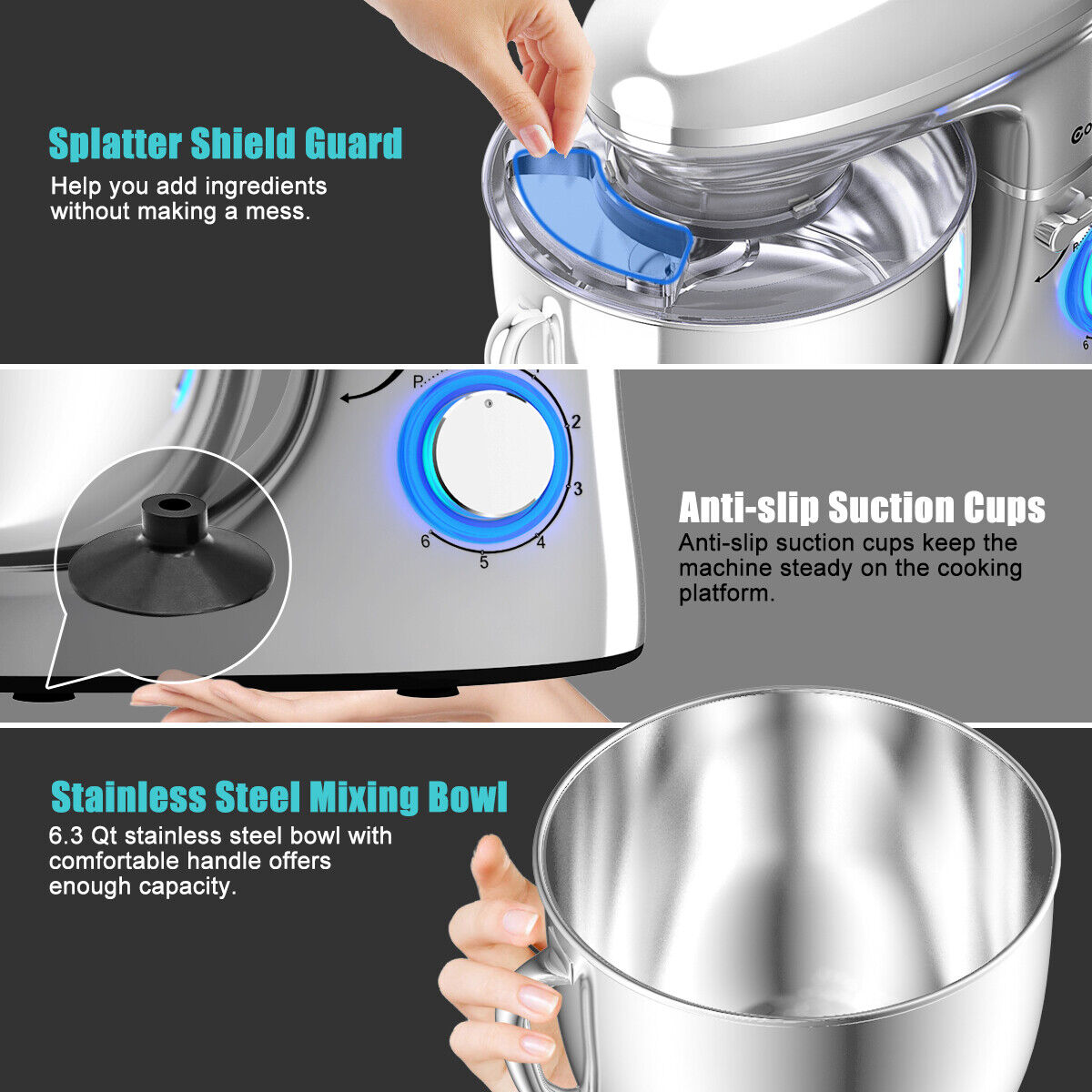 Great Choice Products 660W 6.3 Quart House Use Tilt-Head Stand Mixer Kitchen Assistant 6 Speed Silver