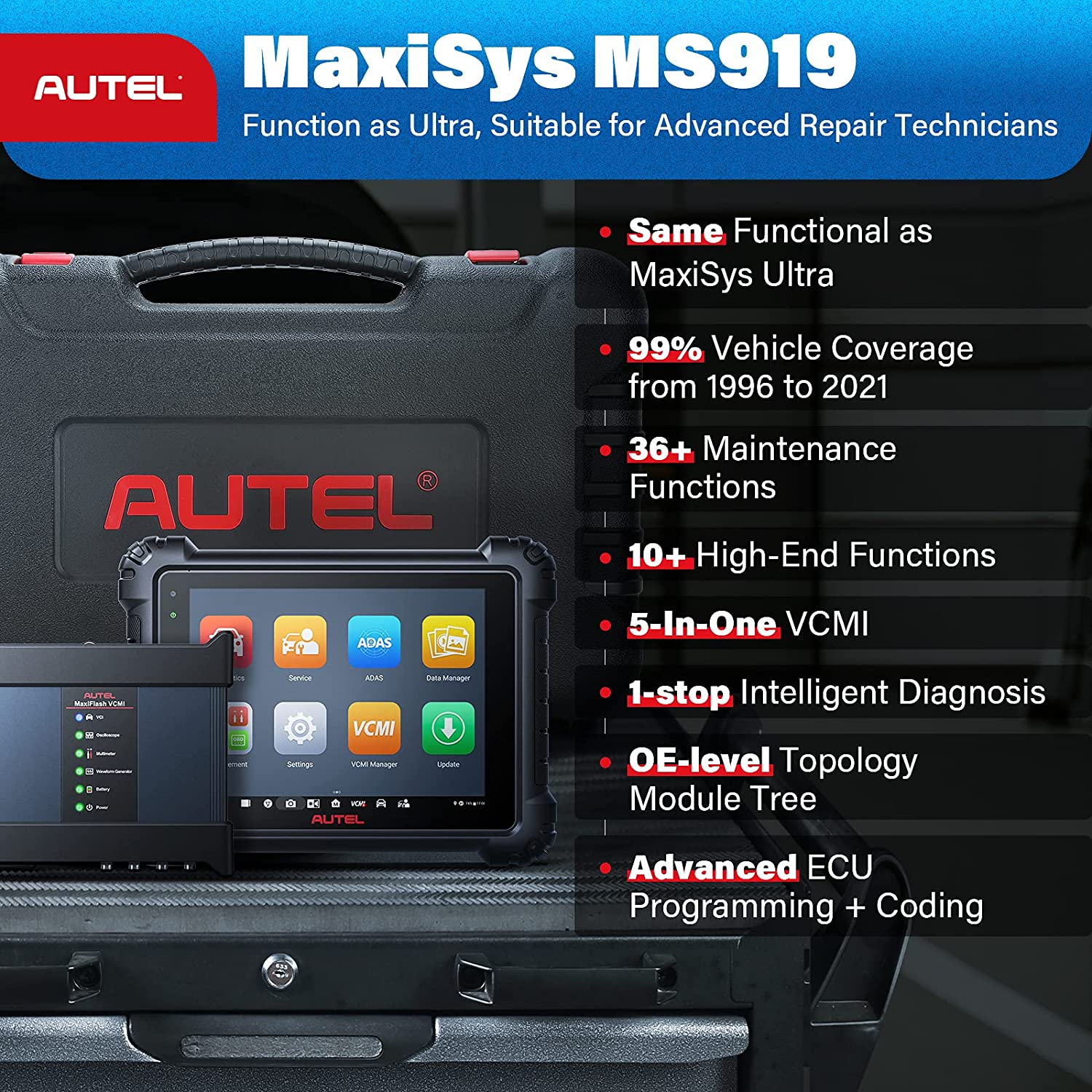 Autel Scanner MaxiSys MS919 Top Car Diagnostic Scan Tool with 36+ Functions, 5-in-1 VCMI, Intelligent Diagnostics