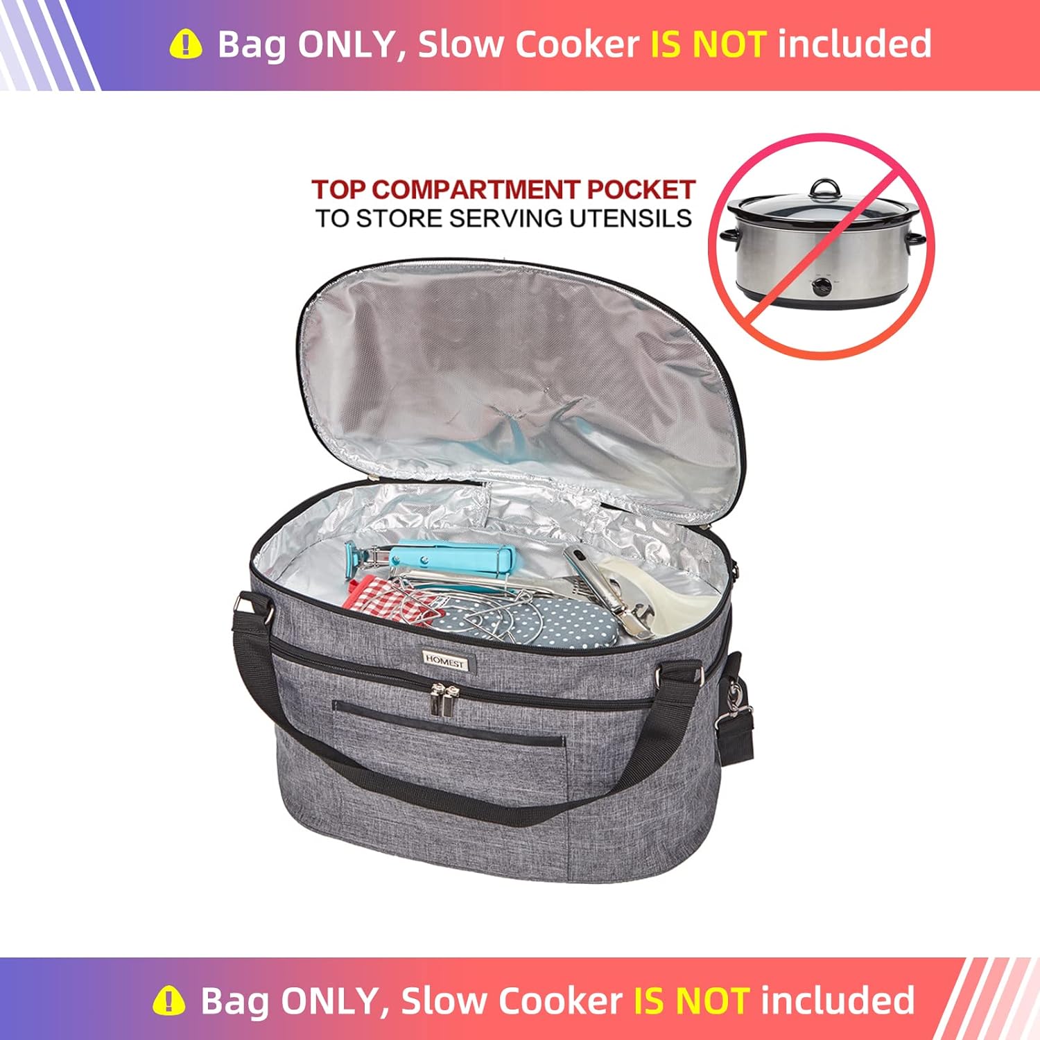 Generic HOMEST Slow Cooker Bag for Crock-Pot 6-8 Quart, Insulated Travel Carrier with Easy to Clean Lining, Carry Case with Top Zip Com