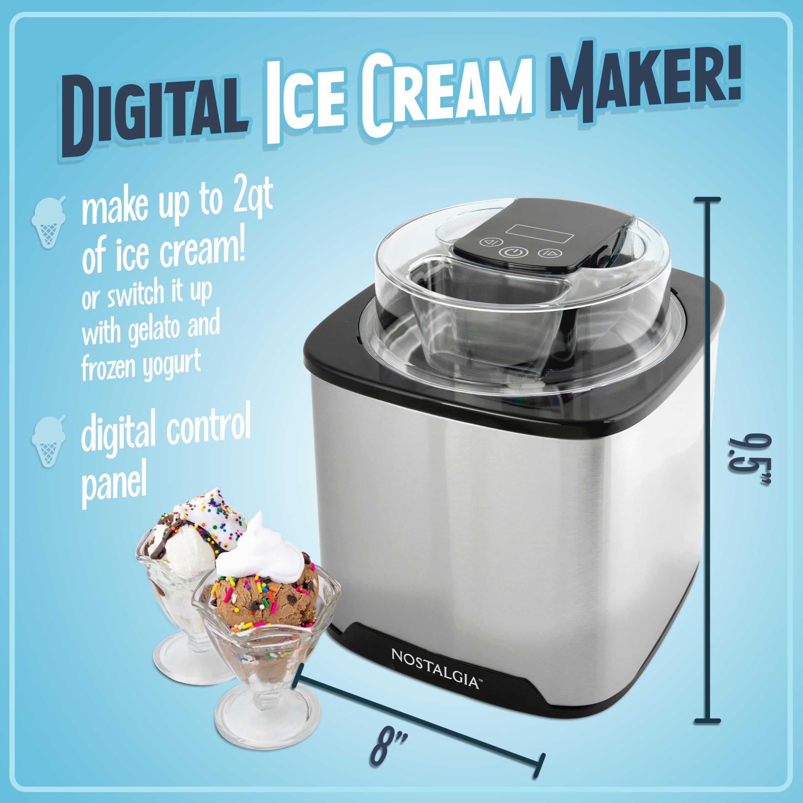 nostalgia 2-quart digital electric ice cream for homemade ice-cream, no salt or ice required, overnight chill canister, stain