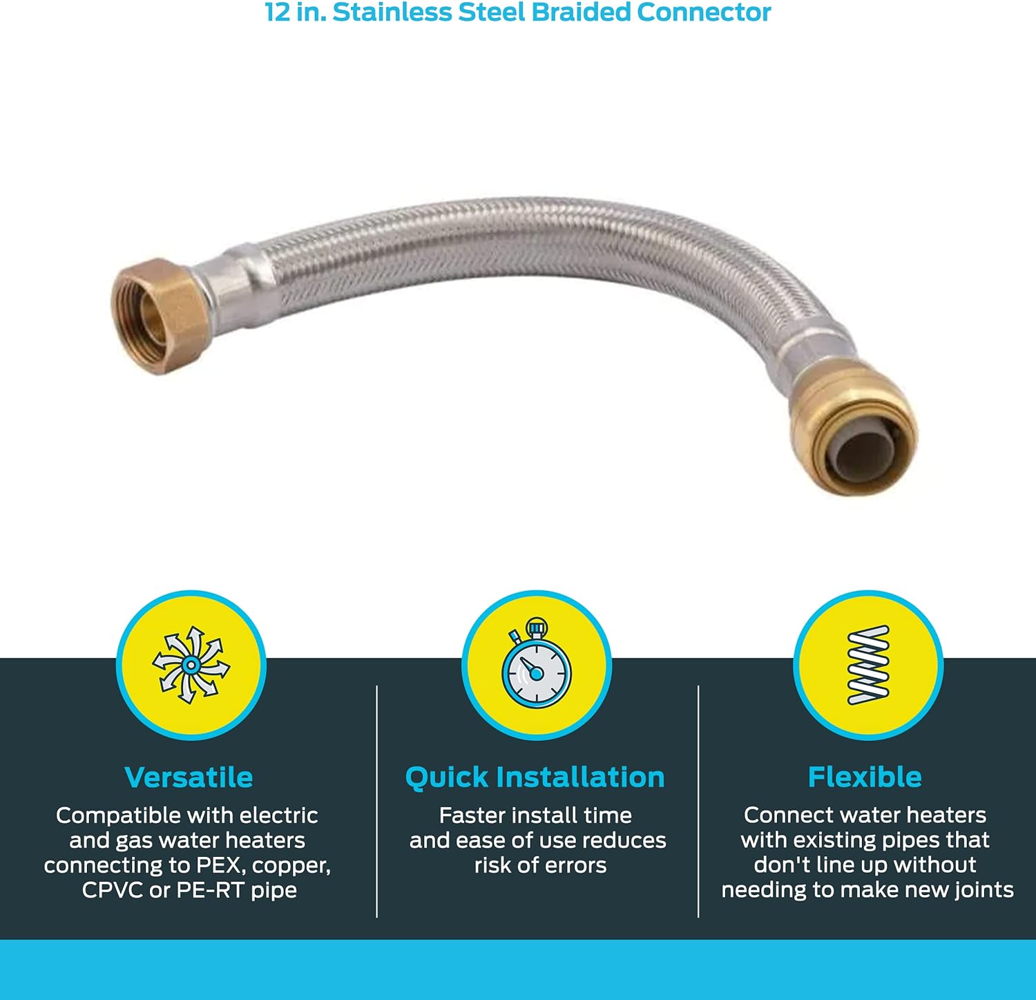 Cash Acme SharkBite 3/4 Inch x 3/4 Inch FIP x 12 Inch Stainless Steel Braided Flexible Water Heater Connector, Push To Connect Brass Plum