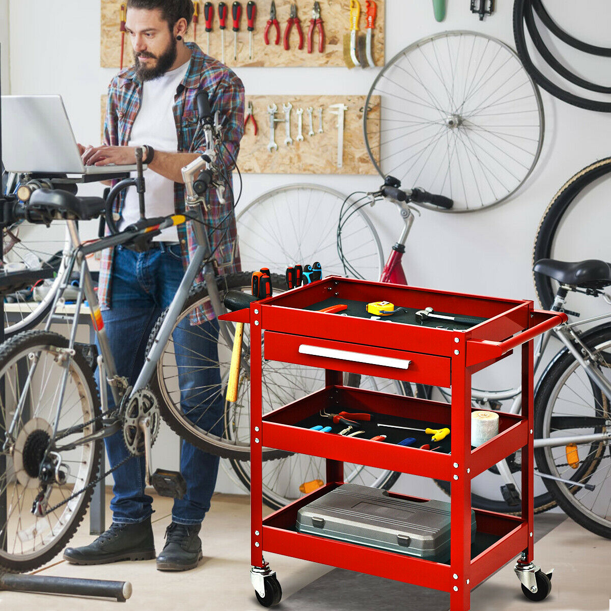 Costway Three Tray Rolling Tool Cart Mechanic Cabinet Storage ToolBox Organizer w/Drawer