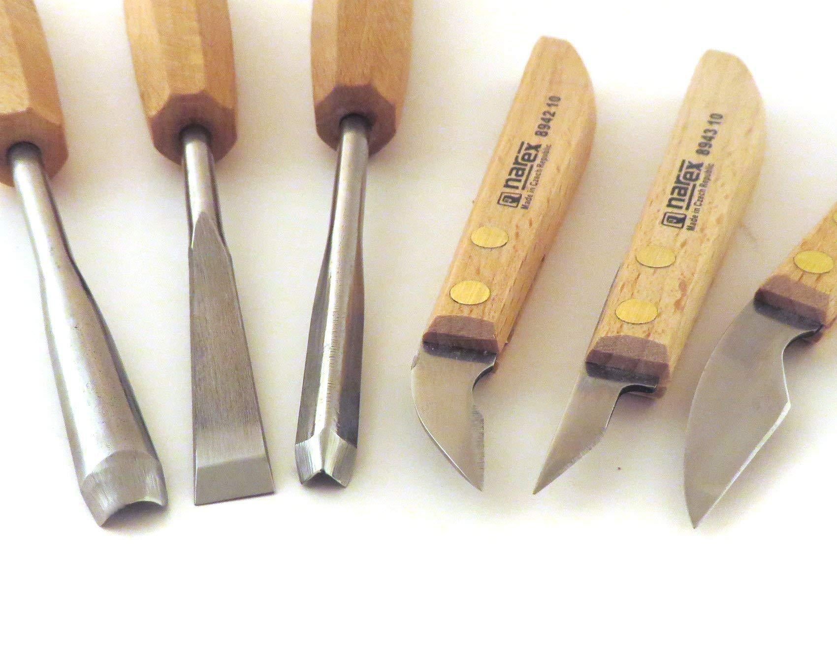 narex 6 piece set carving chisels with 3 knives, 1 straight chisel, gouge, and v tool 894610
