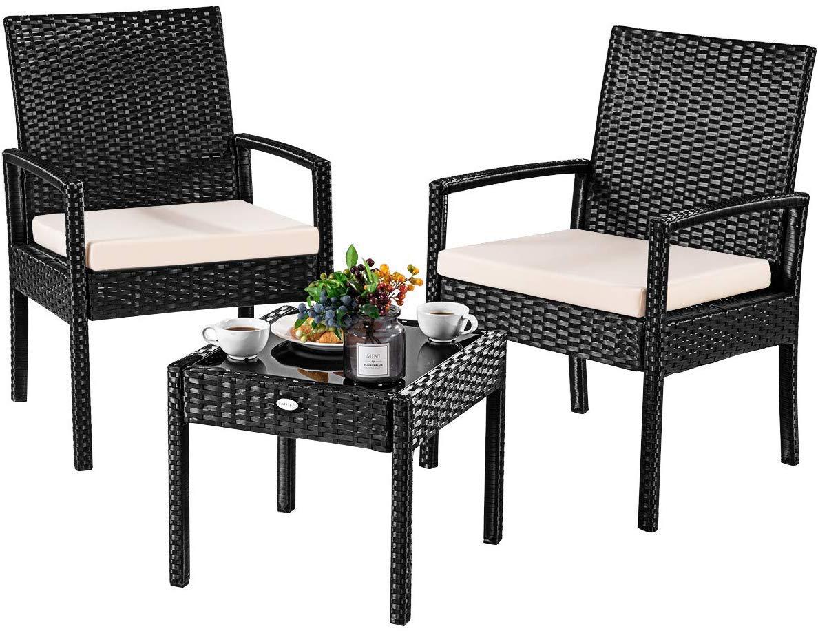 CasartUS casart 3-piece rattan conversation set, outdoor wicker table and chairs for bistro garden backyard poolside, patio furniture