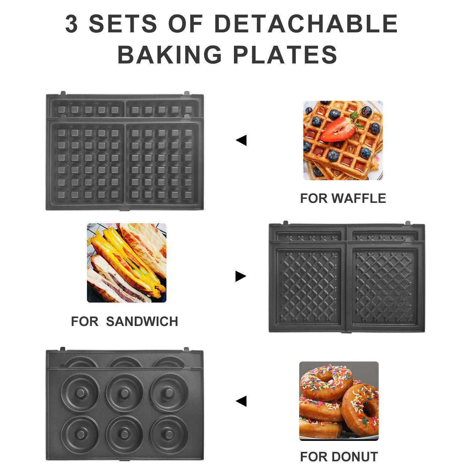 health and home multi baker, with 3 sets of interchangeable plates for making belgian waffle, gourmet sandwich, doughnuts and