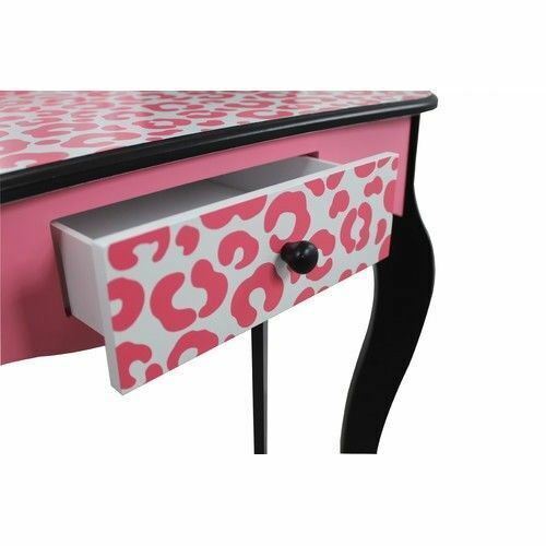 Great Choice Products Girls 3Pc Vanity Set Pink Black Leopard Table Mirror Stool Makeup Drawer Bedroom