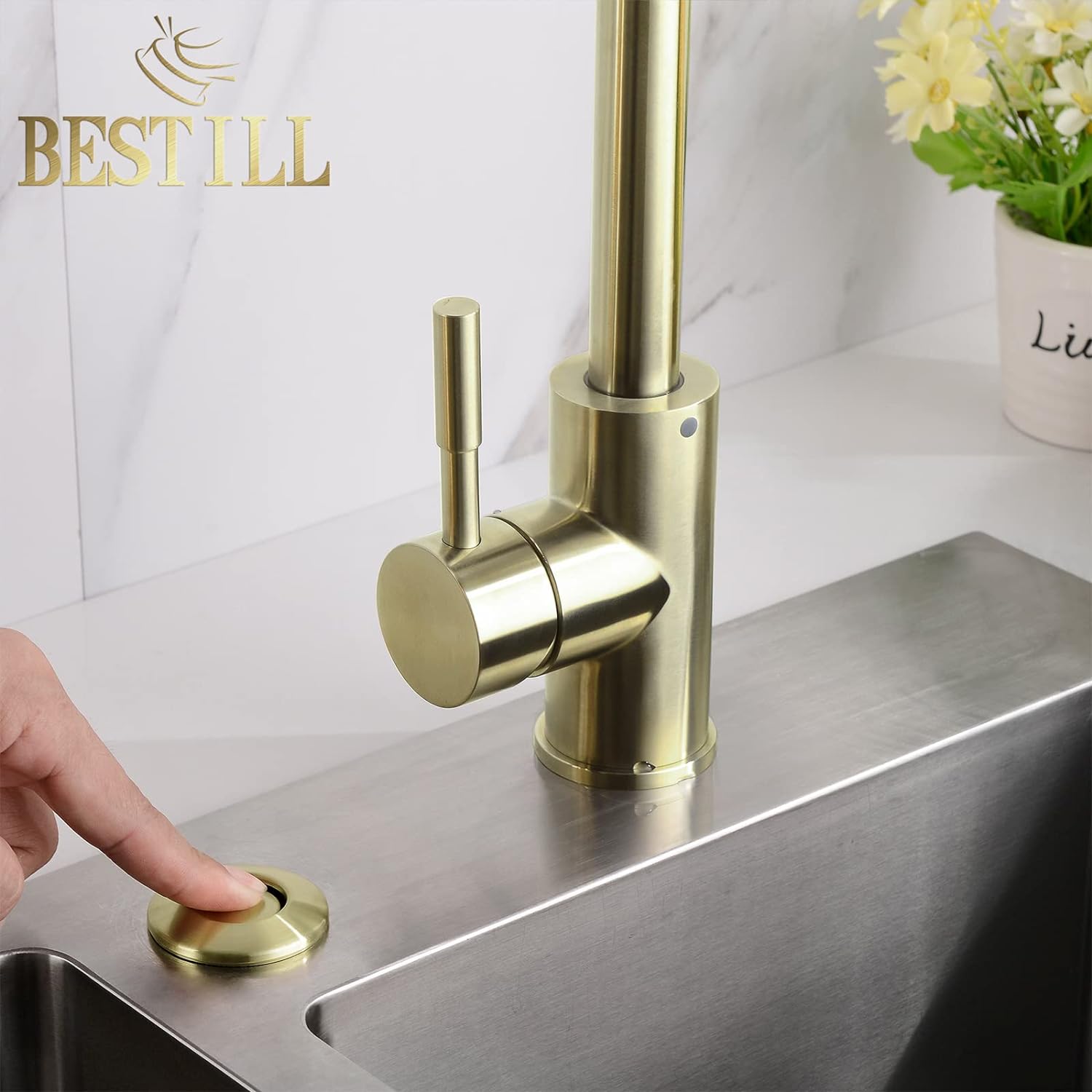 BeStill Sink Top Garbage Disposal Air Switch Button with Air Hose, Brushed Gold-Long Button with Brass Cover
