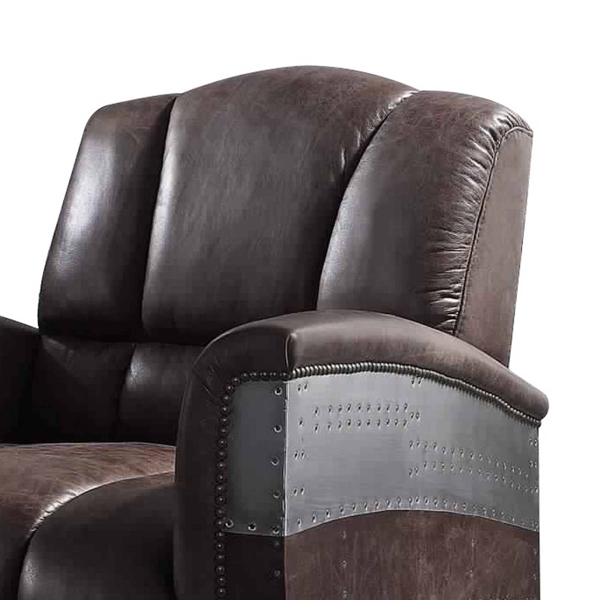 Benjara Vertically Tufted Lounge Chair with Aluminum Patchwork, Brown and Silver