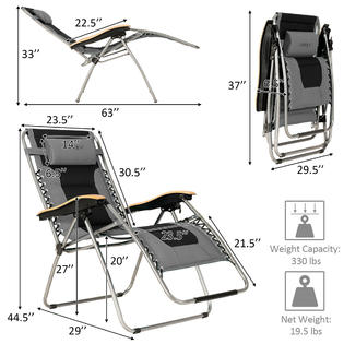 Gymax 2PCS Folding Zero Gravity Chair Padded Lounge Chair w/ Beech Armrests Grey