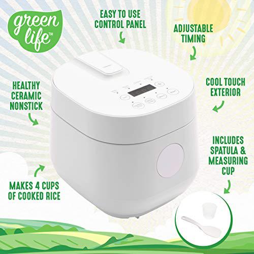 greenlife healthy ceramic nonstick 4-cup rice oats and grains cooker, pfas-free, dishwasher safe parts, white