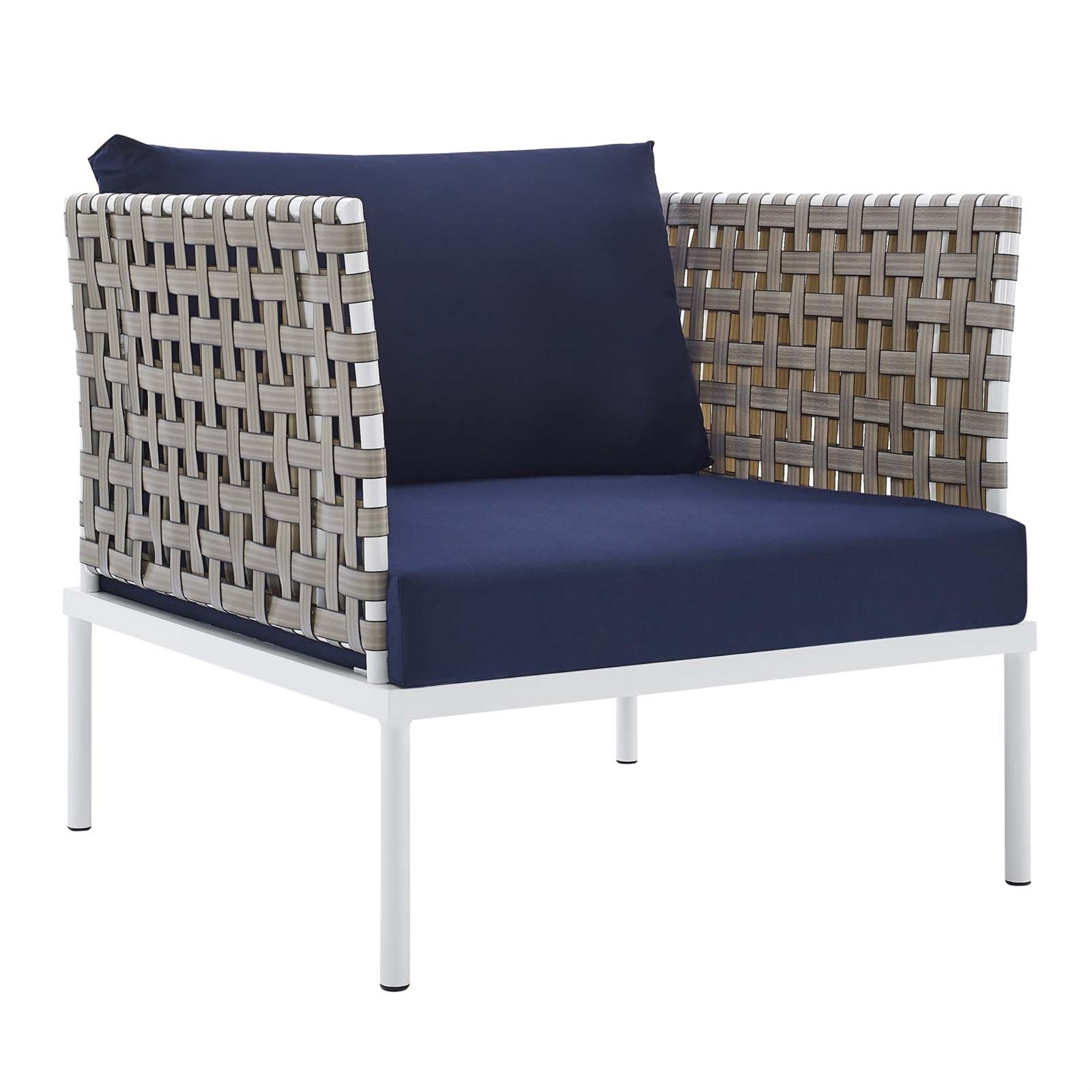 Modway Harmony 7-Piece  Sunbrella Basket Weave Outdoor Patio Aluminum Sectional Sofa Set Tan Navy