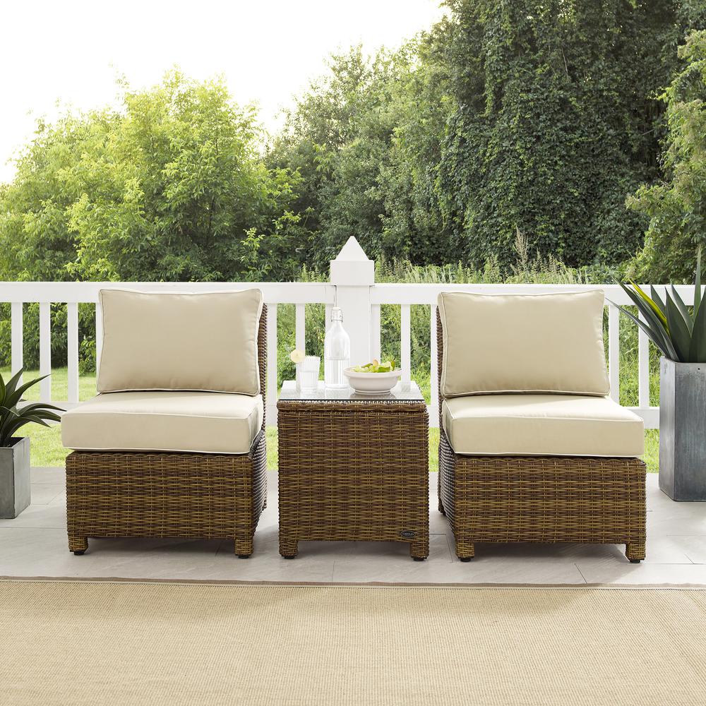 Crosley Brands Bradenton 3Pc Outdoor Wicker Chair Set Sand/ Weathered Brown - Side Table &a; 2 Armless Chairs