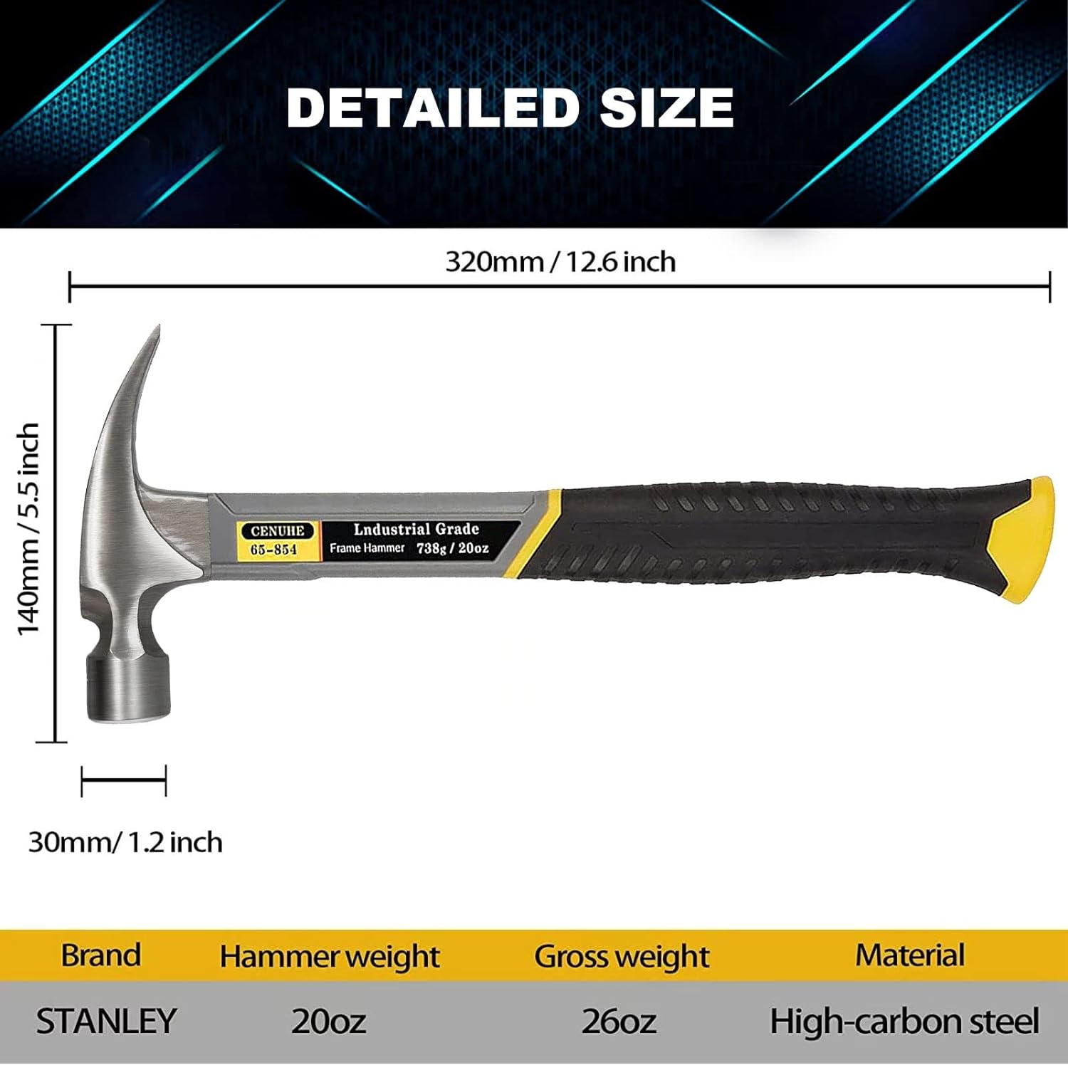 CENUHE 20oz Frame Hammer, Portable Magnetic Hammer with Magnetic Nail Clip, Hammer High Hardness Hammer Face