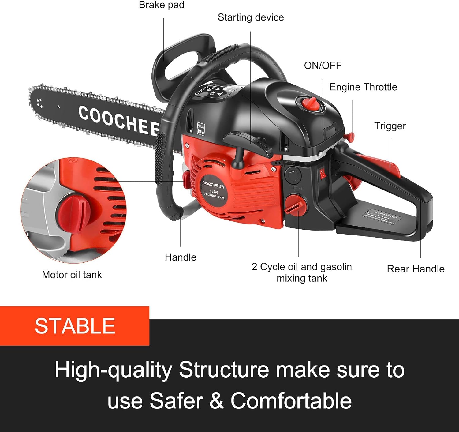 COOCHEER 62CC 3.5HP Gas Chainsaw,20