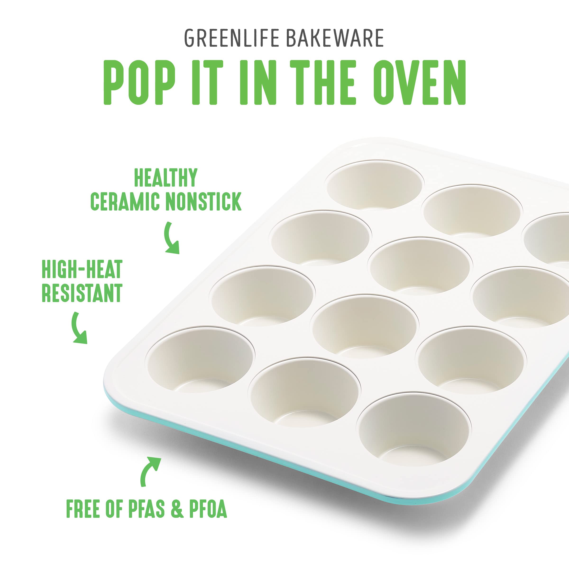 greenLife Bakeware Healthy ceramic Nonstick, 12 Piece Baking Set with cookie Sheets Muffin cake and Loaf Pans including utensils