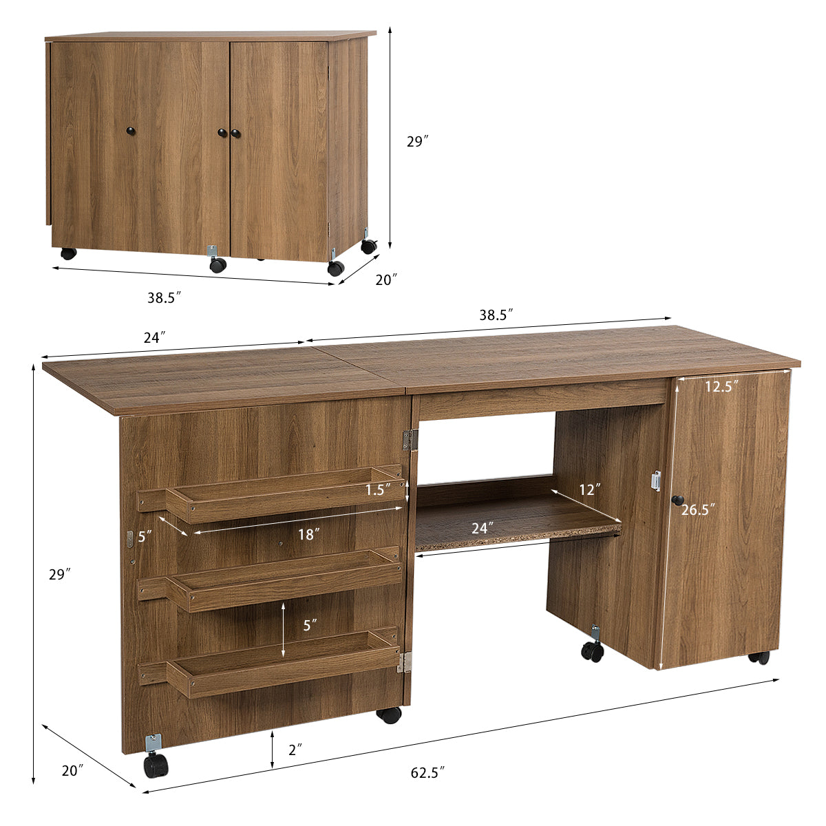 Costway Folding Sewing Table Shelves Storage Cabinet Craft Cart W/Wheels Large Natural