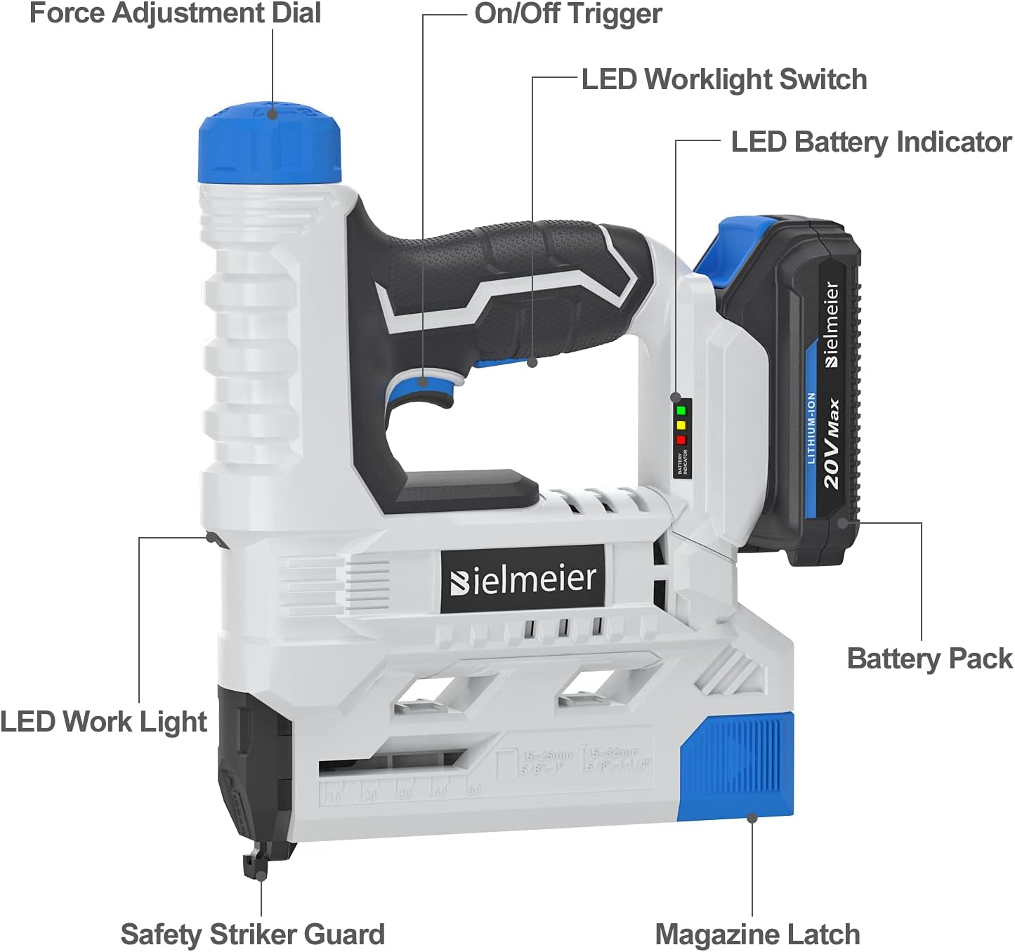 Bielmeier 20V Cordless Brad Nailer, 18 Gauge 2 in 1 Nail Gun Battery Powered, 2.0Ah Electric Staple Gun for Upholstery and Carpentry, Inc