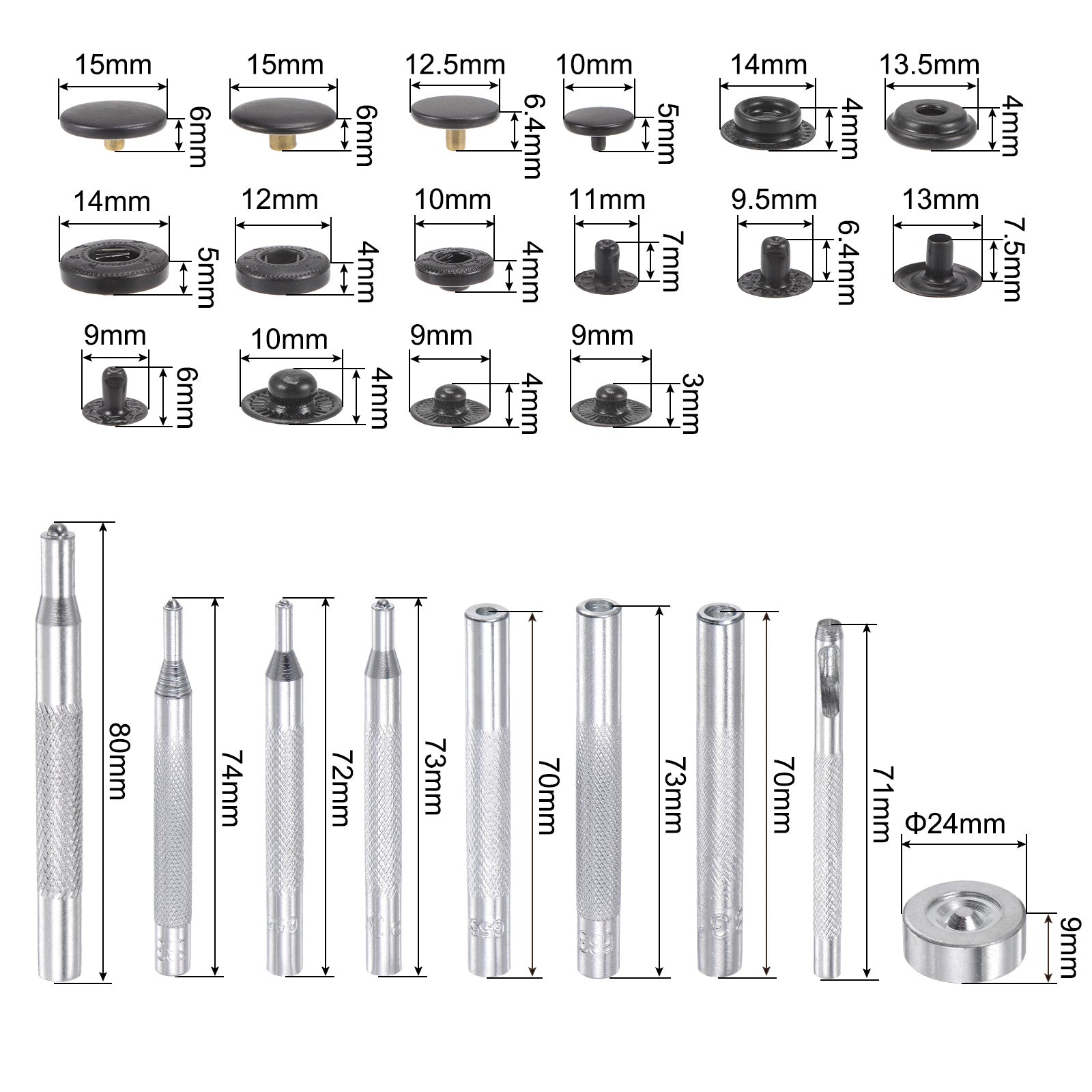 Unique Bargains 40 Sets Snap Fasteners Kit 4 Type Copper with 9 Setter Tools &a; Box, Black