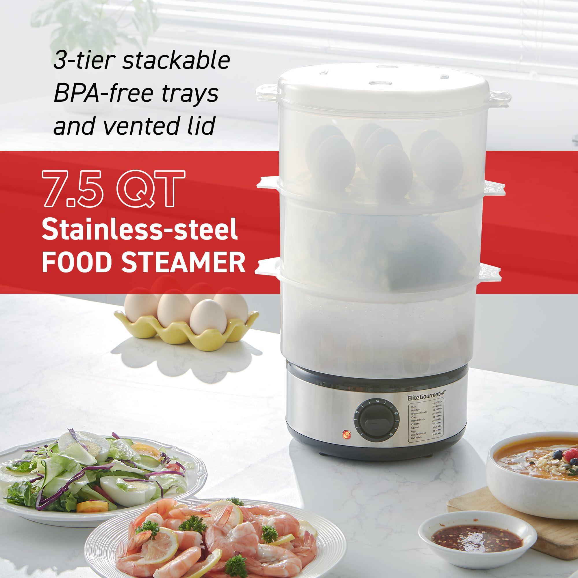 elite gourmet est750 7.5 quart, 3-tier, electric food vegetable steamer with bpa-free steamer tray, auto shut-off 60-min time