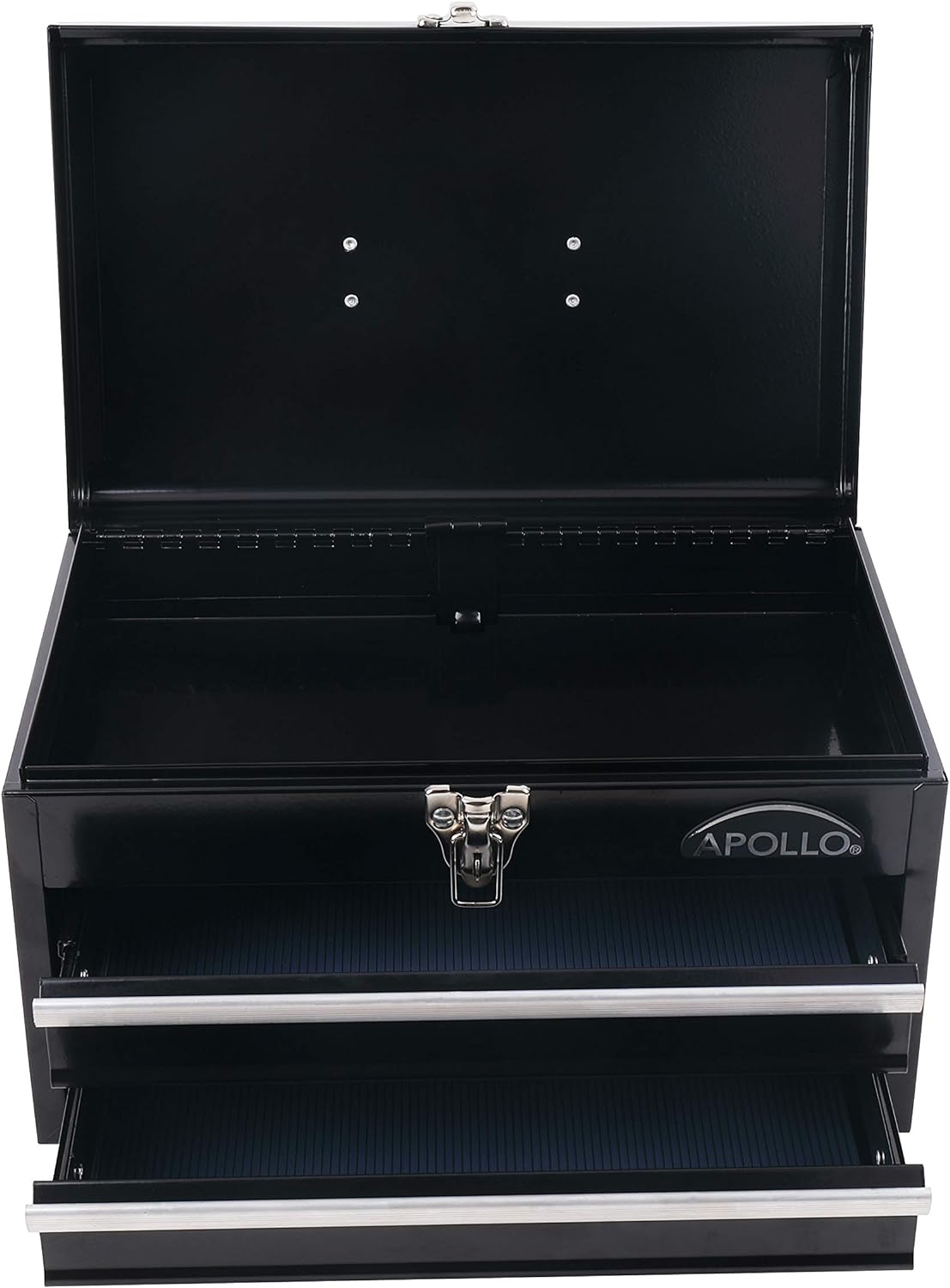 Apollo Precision Tools APOLLO TOOLS Black Metal Tool Box with Deep Top Compartment and 2 Drawers in Heavy-Duty Steel Chest With Ball Bearing Opening A