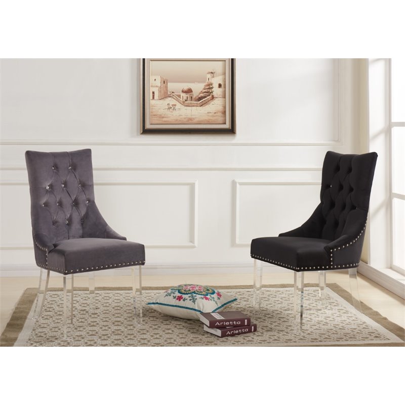 Armen Living Armen Gobi Modern and Contemporary Tufted Dining Chair in Gray Velvet with Acrylic Legs