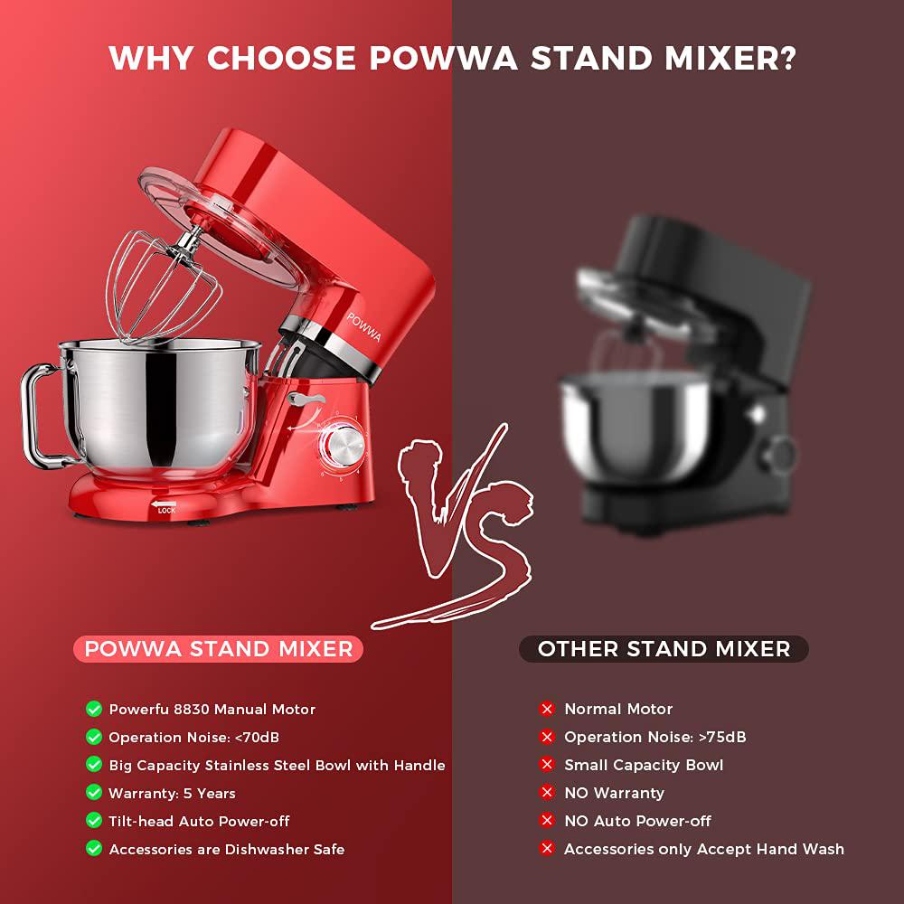 POWWA stand mixer, powwa 7.5 qt electric mixer, 6+p speed 660w household tilt-head kitchen food mixers with whisk, dough hook, mixi