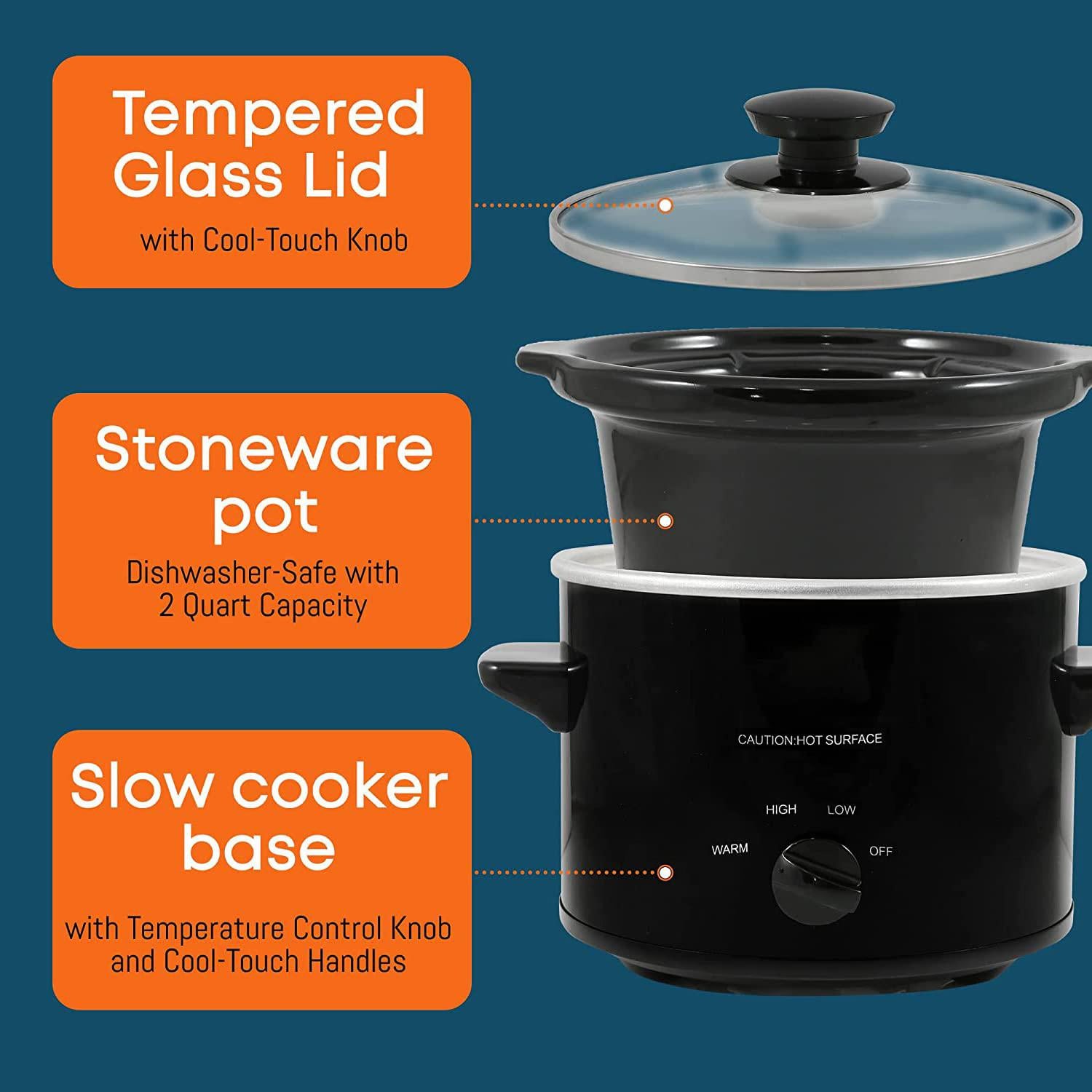 NOZAYA 2-quart round electric slow cooker - adjustable temp, dishwasher safe glass lid &a; crock(black)