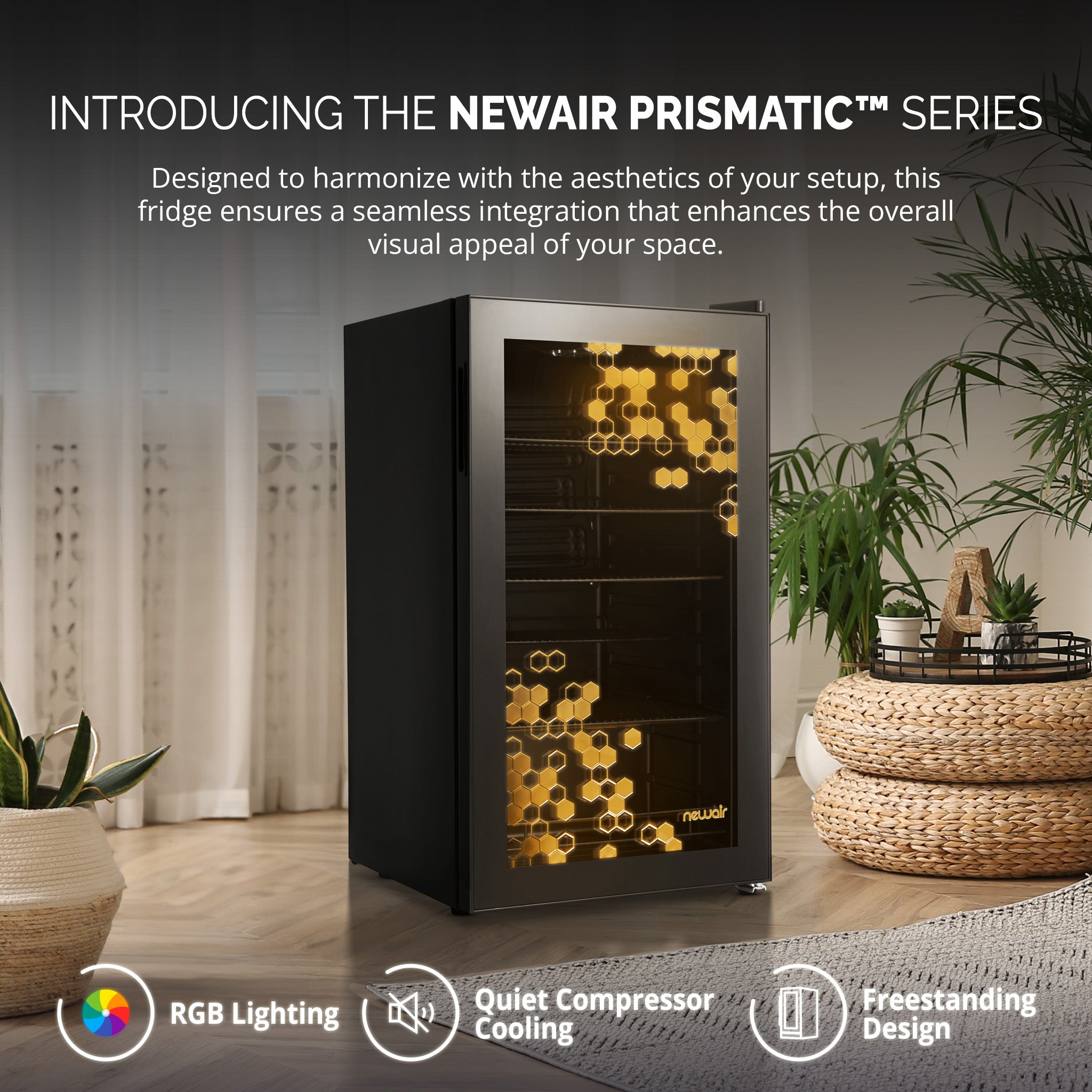 Newair Prismatic™ Series 126 Can Beverage Refrigerator with RGB HexaColor™ LED Lights, Mini Fridge for Gaming, Game Room