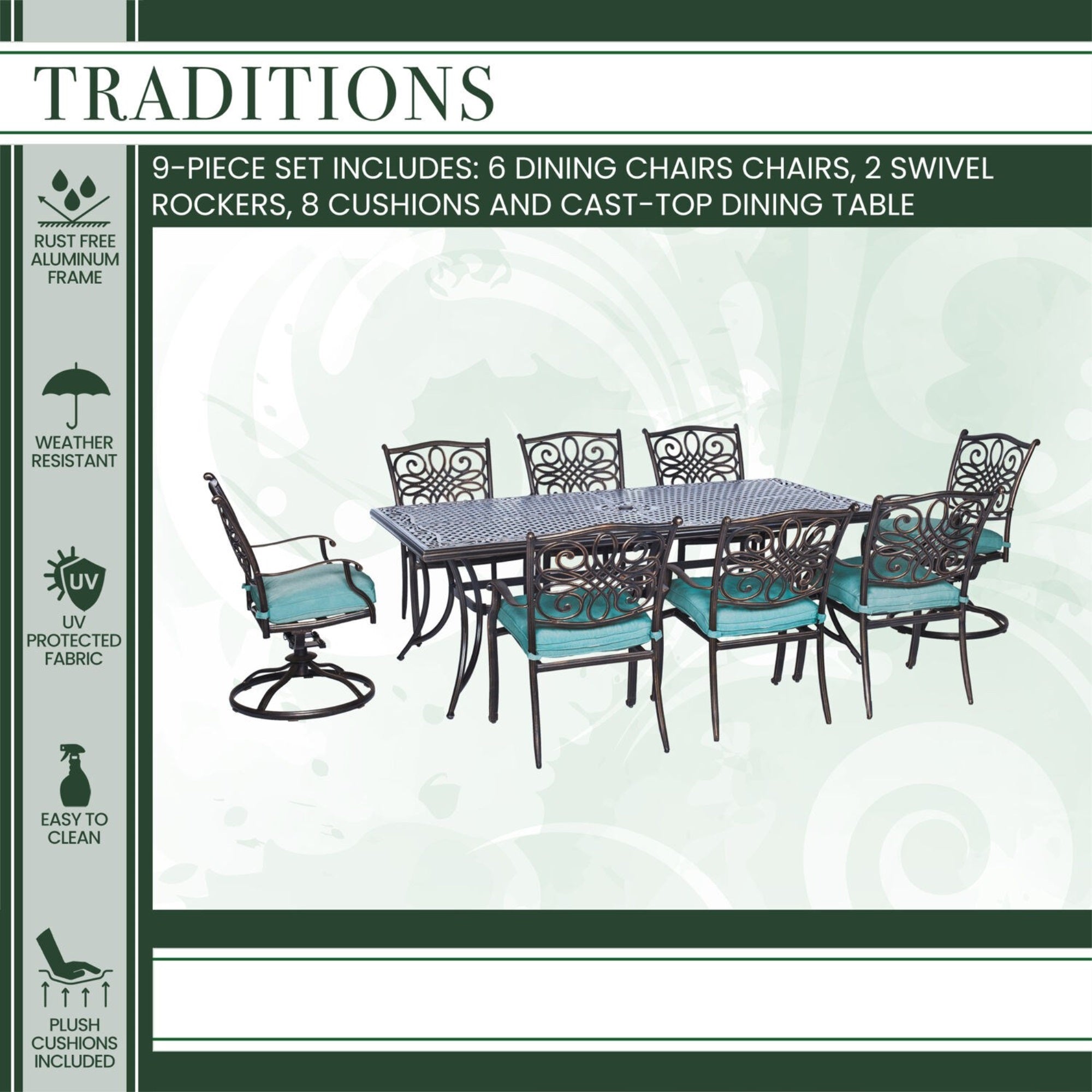 Hanover Traditions9pc: 6 Dining Chairs, 2 Swivel Rockers, 42x84