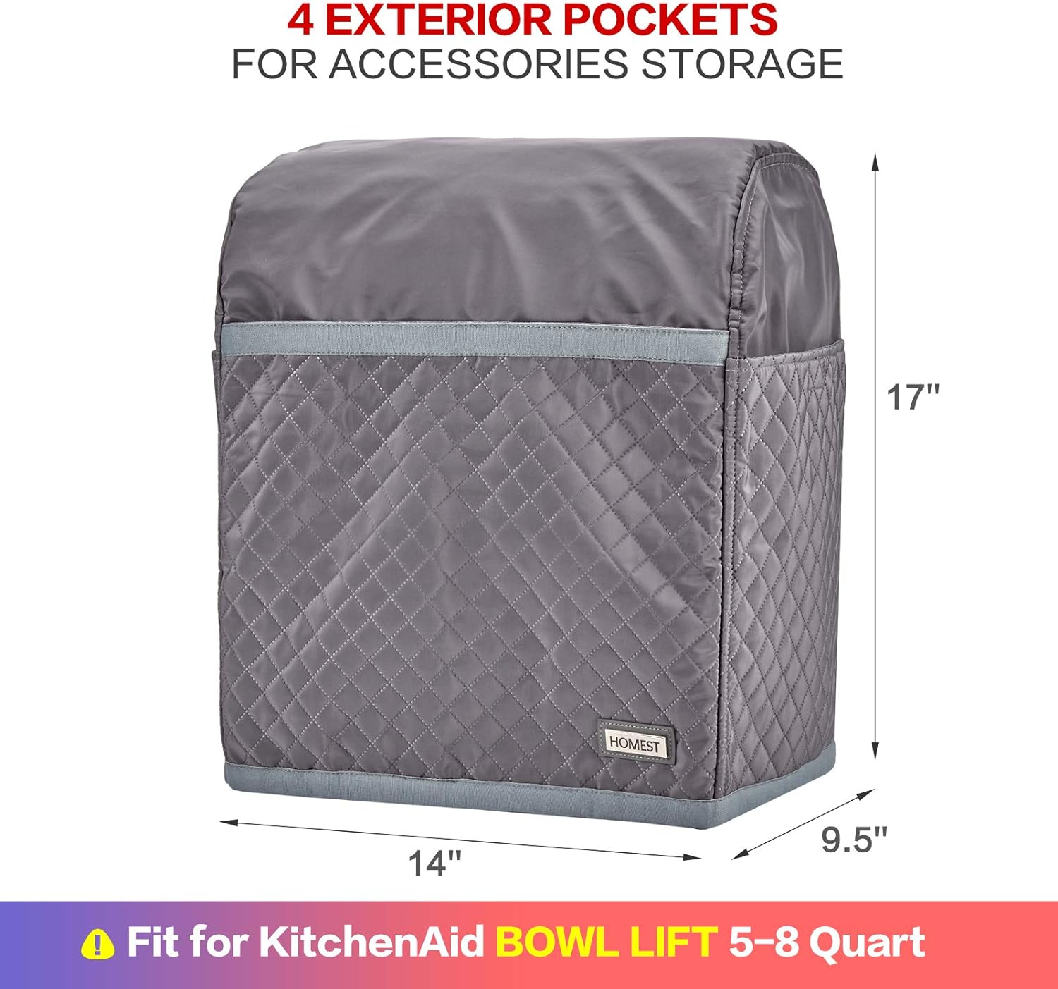 HOMEST Stand Mixer Quilted Dust Cover with Pockets Compatible with KitchenAid Bowl Lift 5-8 Quart, Grey (Patent Design)