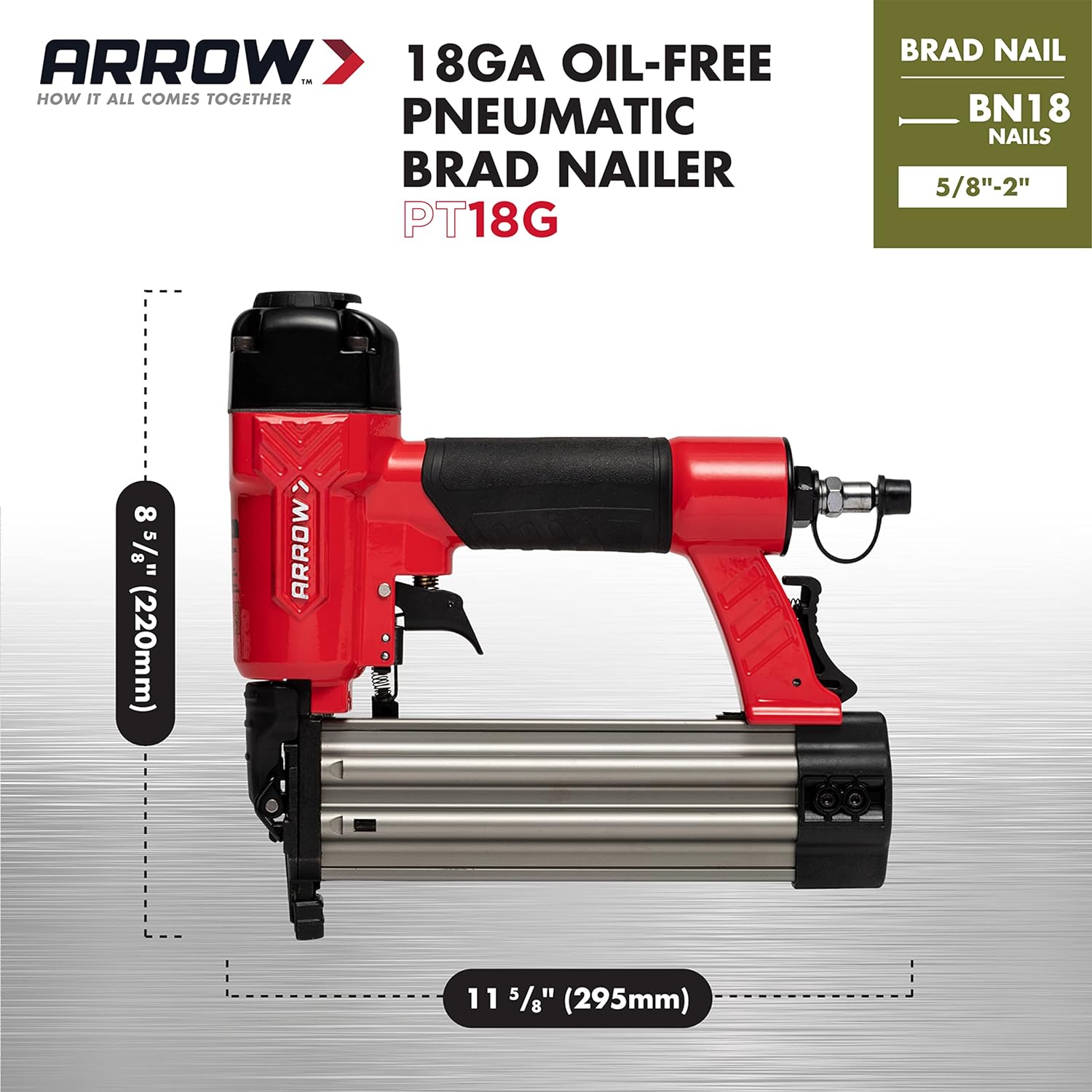 Arrow Fastener Arrow PT18G Gauge Oil-Free Pneumatic Brad Nailer - Small Light Trim and Interior Molding Work, Operates Up to 100psi Compressio