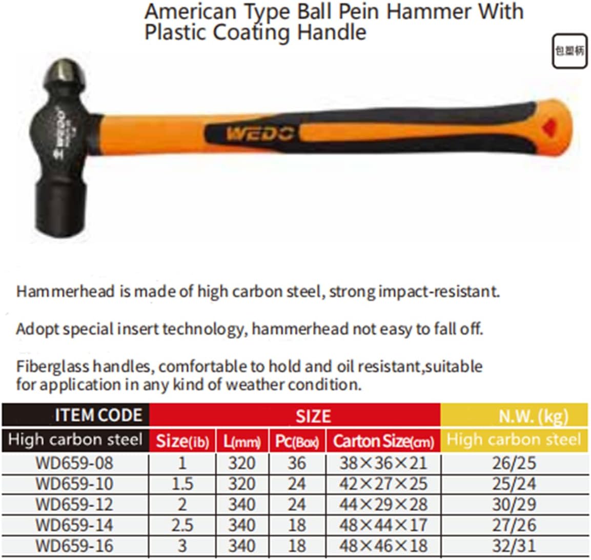 WEDO Ball Peen Hammer, Ball Pein Hammer with Fiberglass Handles 32oz(2 lb), High Carbon Steel,Shock Resistant, Non-Slip Handle, Die-