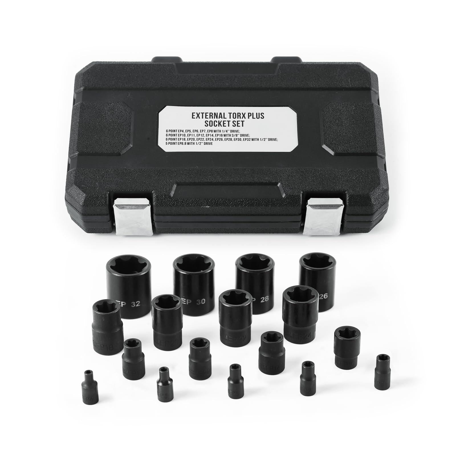 HAIKUSOUBI external torx plus socket set 19 pc,6 point ep socket 1/4 &s;&s; ep4-ep8,3/8&s;&s; ep10-ep16,1/2&s;&s; ep18-ep32,5 point ep socket 1/2&s;&s;