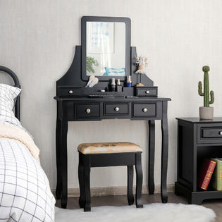 Gymax Vanity Set W/5 Drawers &a;Removable Box Makeup Dressing Table and Stool Set Black