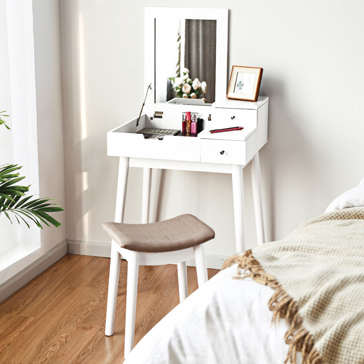 Great Choice Products Vanity Dressing Table Set Flip Mirror Desk Cushioned Stool 2 Storage Drawers