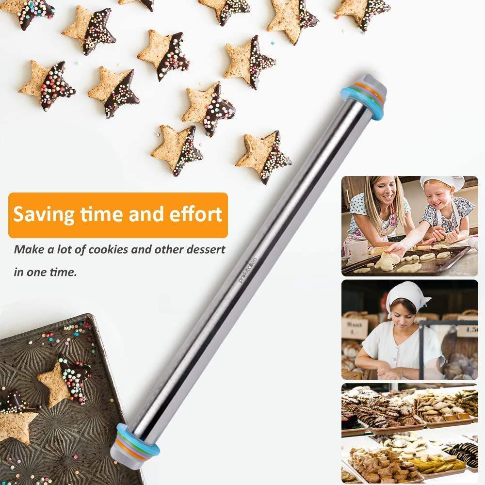proKitchen 23.6 inch rolling pin with thickness rings-adjustable stainless steel roller guides spacers baking tools for dough pizza pie