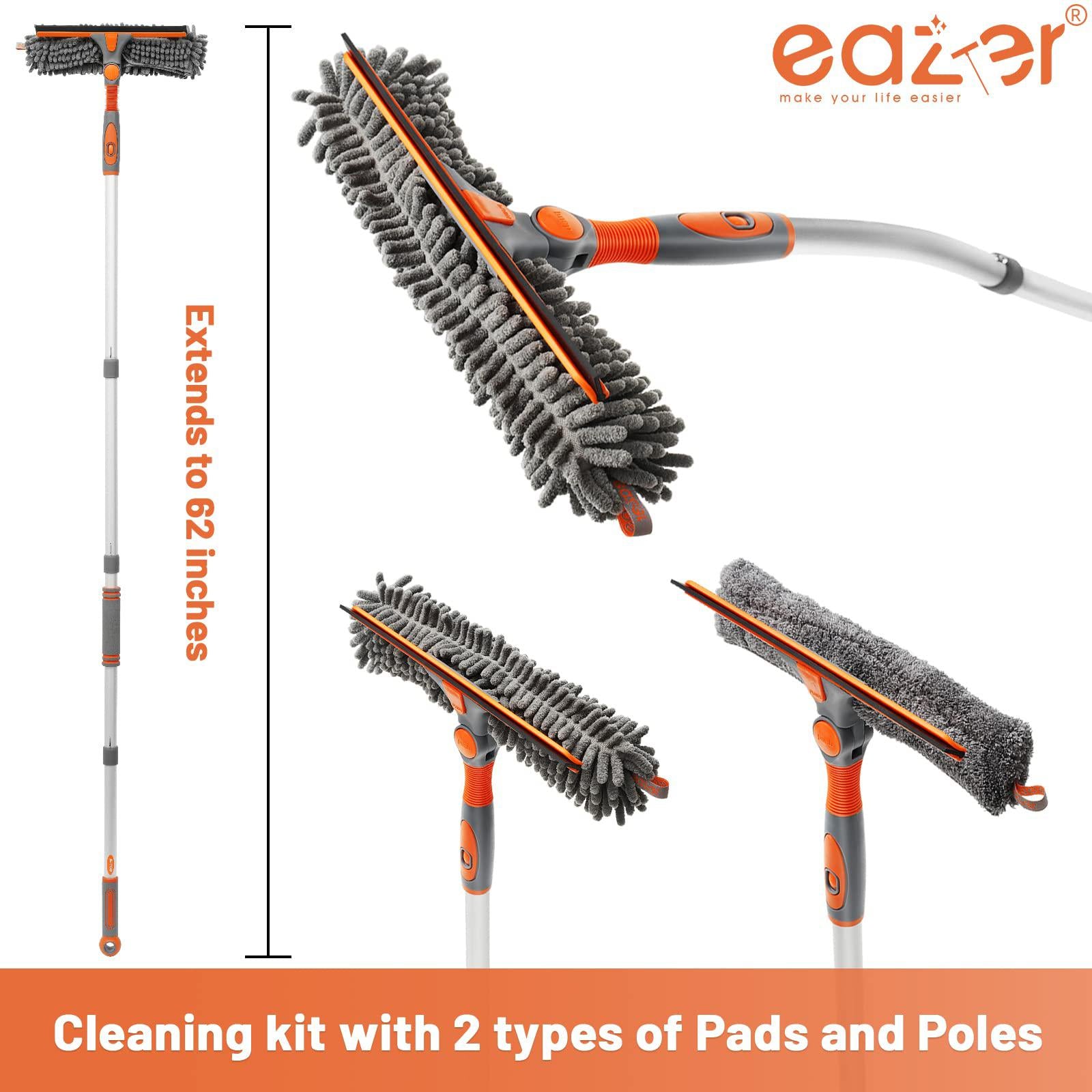 eazer squeegee window cleaner 2 in 1 rotatable window cleaning tool kit with elbow/straight extension pole, 62 window washing