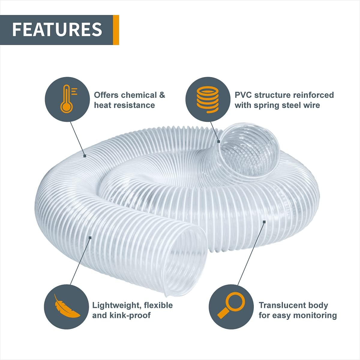 Powertec 70266 PVC Dust Collection Hose (5 Inch x 20 Feet) | Left Spiral Flexible Clear View Heavy Duty PVC Hose