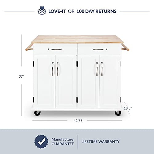 BELLEZE Modern Rolling Kitchen Island Utility Cart with Two Drawers, Storage Cabinets, Handle Towel Racks, Rubber Wood Top, and