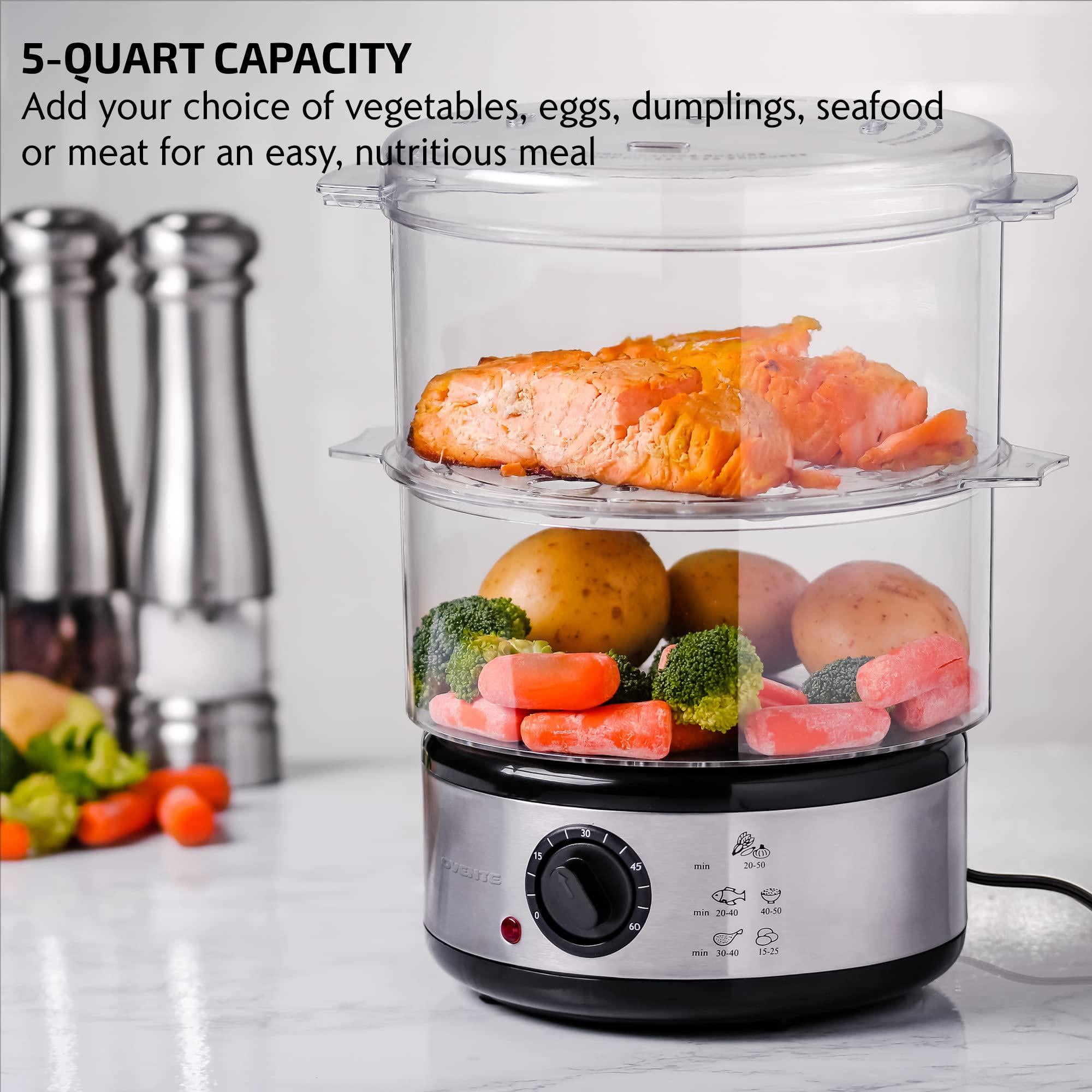 ovente 2 tier electric food steamer for cooking vegetables, stainless steel base, stackable and dishwasher safe baskets, 400w