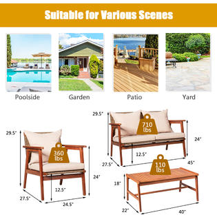 Gymax 4PCS Outdoor Furniture Set Patio Conversation Set  w/ Wood Frame Cushion